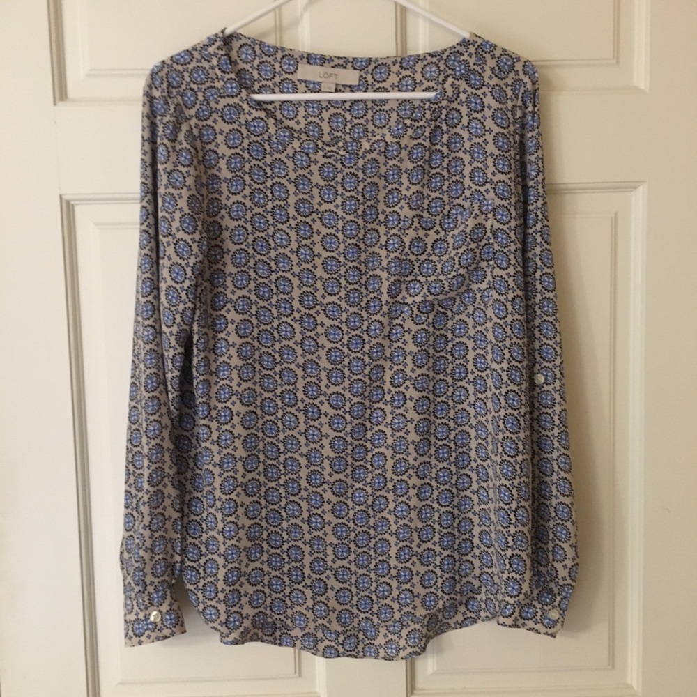 LOFT (S) Blouse Long Sleeve Roll Tab Patterned Top Women’s Size Small